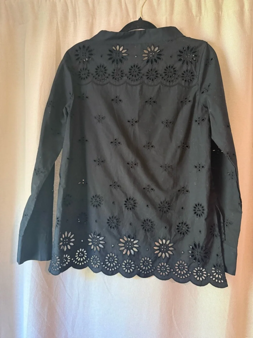 J. Crew Black Eyelet Scalloped Hem Long-Sleeve Blouse - Picture 4 of 5